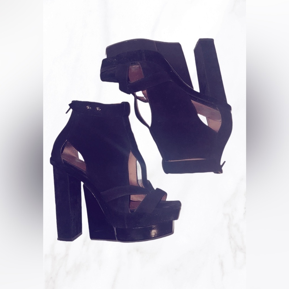 Jeffrey Campbell open toe ankle black suede leather platform ankle  boot 8.5